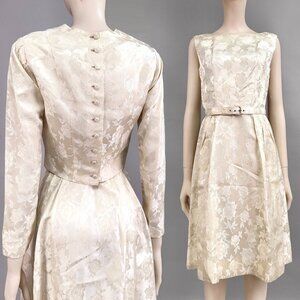 Vintage Off White Dress w Jacket 50s Brocade Wedding Pin Up Simple 3 pc Set S/M